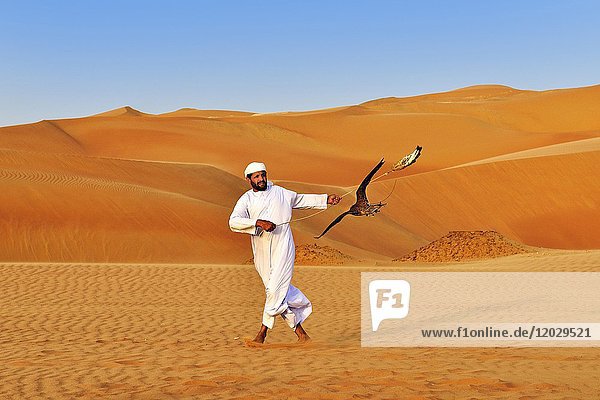 Falkner im Wüsten-Luxushotel Anantara Qasr Al Sarab  inmitten hoher Sanddünen  im Leeren Viertel genannt Sandwüste Rub Al Khali  Emirat Abu Dhabi  Vereinigte Arabische Emirate  Asien