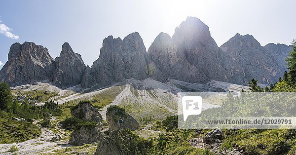 Odle Peaks in the Villnösstal  hiking trail to the Geisleralm  behind the Odle Group  Sass Rigais  Dolomites  South Tyrol  Italy  Europe