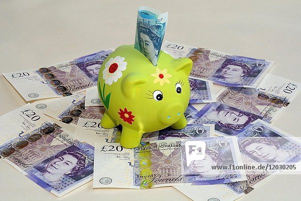 Sparschwein auf zwanzig Pfund britischen Banknoten