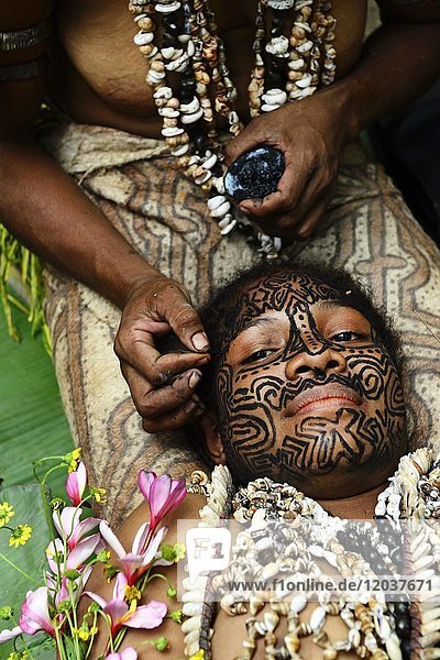 Korafe tribe  girl is traditionally tattooed on the face  Tufi  Papua New Guinea  Oceania