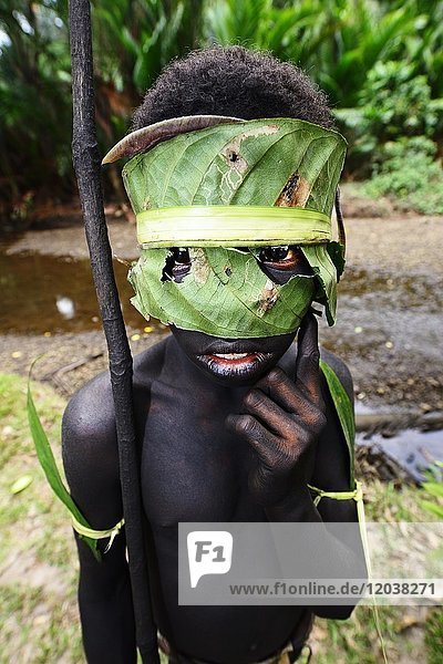 Korafe-child with facial and headdress made of leaves  McLaren-Harbour  Tufi  Papua New Guinea  Oceania