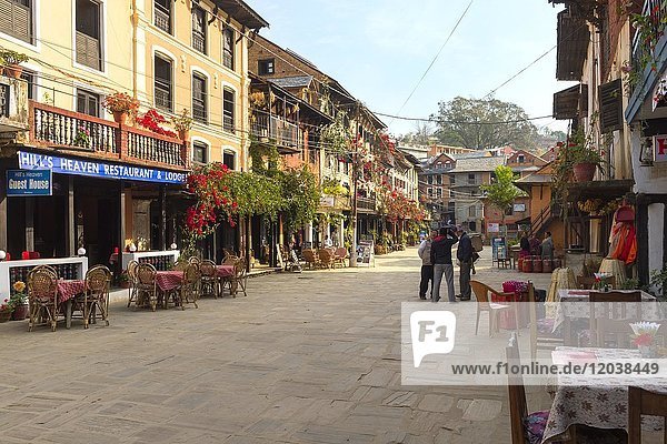 Shops and cafés in main street  Bandipur  Tanahun district  Nepal  Asia