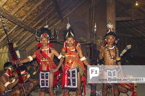 Naga tribal men in traditional clothing  Kisima Nagaland Hornbill festival  Kohima  Nagaland  India  Asia