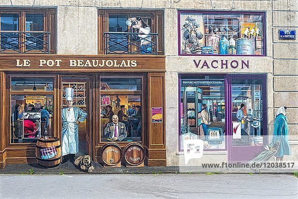 Fresko ''La Fresque des Lyonnais'' zeigt bekannte Einwohner der Stadt  Paul Bocuse und Frederic Dard  Lyon  Rhône Alpes  Frankreich  Europa'
