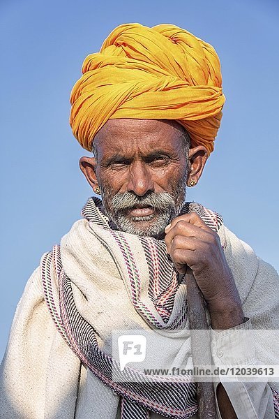 Portrait of a senior Rajasthani and with a yellow turban  Pushkar  Rajasthan  India  Asia