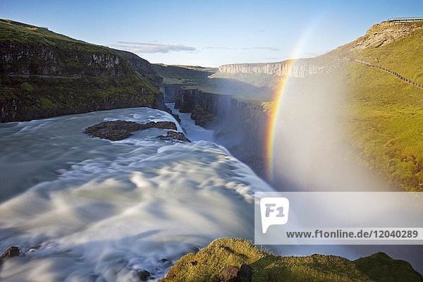 Waterfall Gullfoss with Rainbow  Golden Circle  Hvítá River  Haukadalur  South Iceland  Iceland  Europe