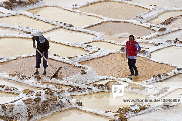 Arbeiter in den Salzminen von Maras  Heiliges Tal der Inkas  Provinz Cusco  Peru  Südamerika