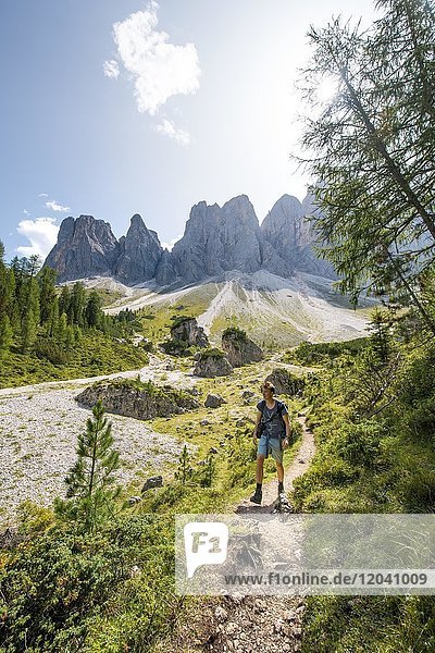 Hikers on the hiking trail to the Geisleralm in the Villnösstal valley below the Odle peaks  behind the Odle group  Sass Rigais  Dolomites  South Tyrol  Italy  Europe
