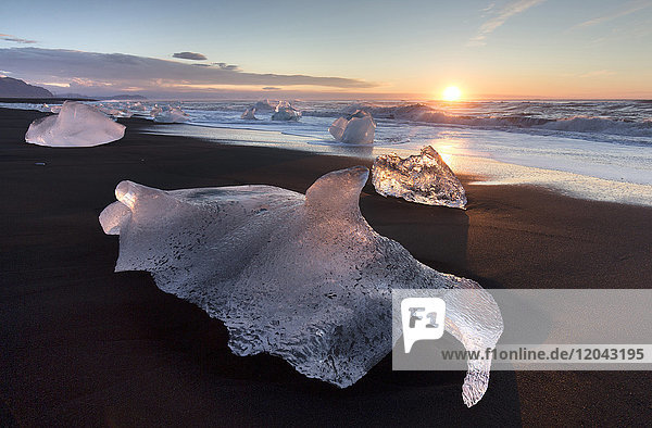 Glassy pieces of ice on volcanic black sand beach at sunrise near Jokulsarlon Lagoon South Iceland Polar Regions
