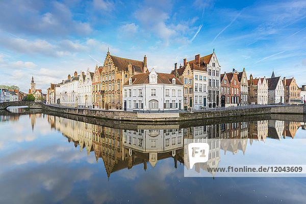 Houses reflected at Spiegelrei corner  Bruges  West Flanders province  Flemish region  Belgium  Europe