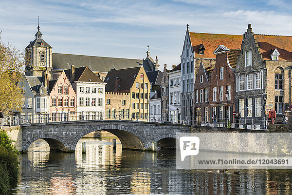 Bridge and houses on Langerei canal  Bruges  West Flanders province  Flemish region  Belgium  Europe