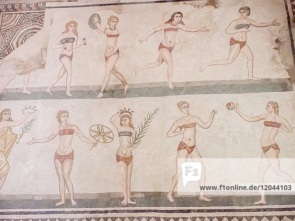 Floor mosaic of female athletes  Villa Romana del Casale  Piazza Armerina  UNESCO World Heritage Site  Sicily  Italy  Europe