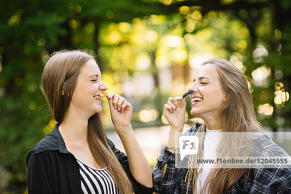 Two young female friends laughing while holding false moustache to their face in park