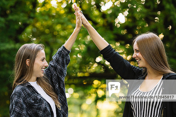 Two young female friends high fiving in park