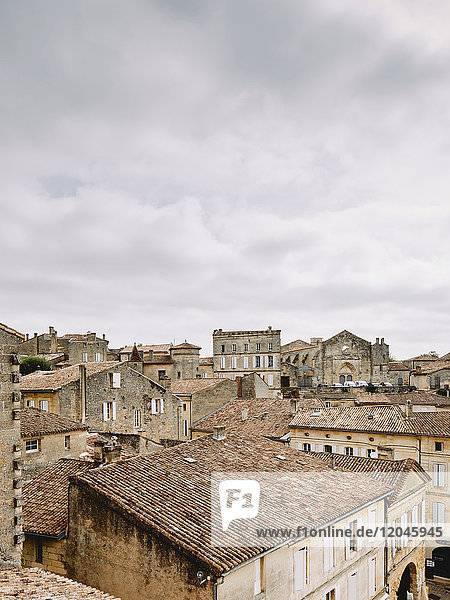 Elevated cityscape with rooftops and medieval buildings  Saint-Emilion  Aquitaine  France