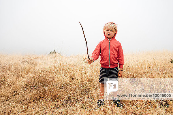 Boy in field holding stick Fairfax California USA North America