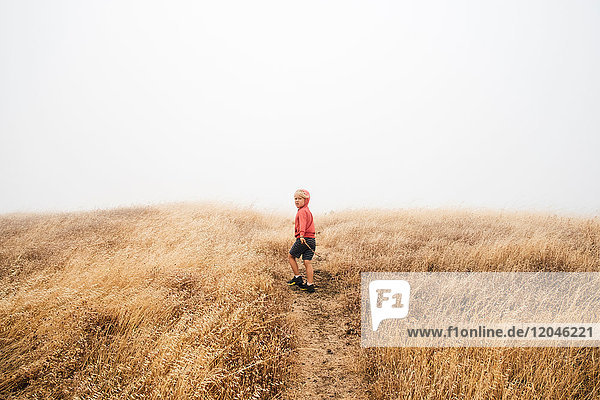 Boy in foggy field landscape Fairfax California USA North America