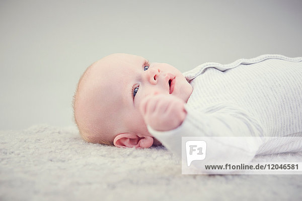 Neugeborenes Baby Junge  auf dem Teppich liegend  Nahaufnahme