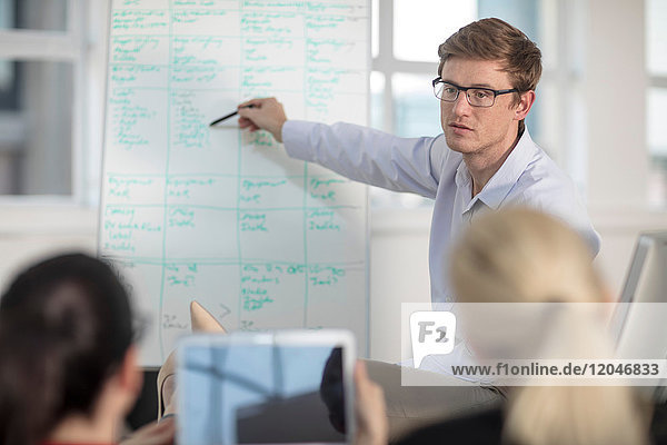 Blick über die Schulter eines jungen männlichen Büroangestellten bei einer Whiteboard-Präsentation