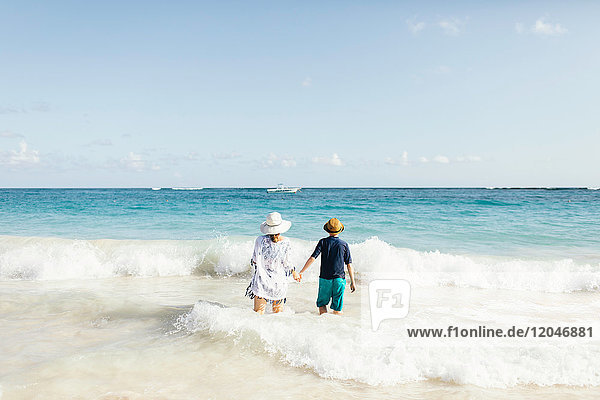 Mother and son  holding hands  standing in surf on beach  rear view