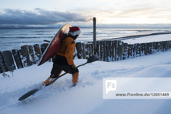 Kayak surfer carrying a paddle and kayak in winter along the snow covered shore  Homer  Southcentral Alaska  USA
