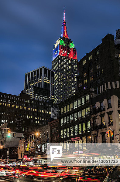 Empire State Building In Christmas And Hanukkah Colours; New York City  New York  United States Of America