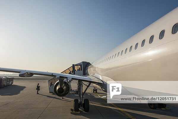 Ein Flugzeug belädt Passagiere auf dem Rollfeld des Frankfurter Flughafens; Frankfurt  Deutschland