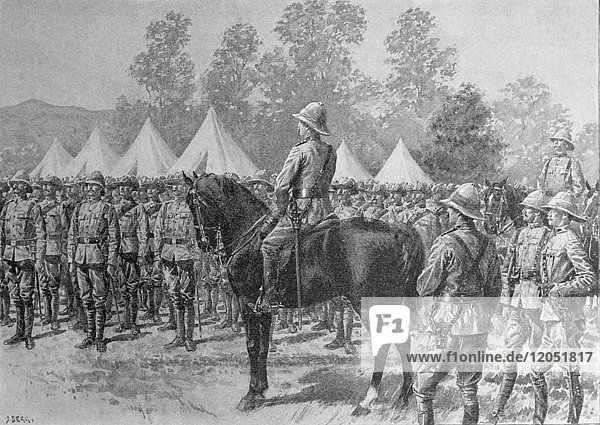 Illustrated London News record of Transvall War 1899-1900. The chievements of the home and colonial forces in the great conflict with the Boer Republics. Spencer Wilkinson record. Sir G. White congratulating Natal volunteers on capturing guns at Lombard’s Kop. A sletch by Melton Prior