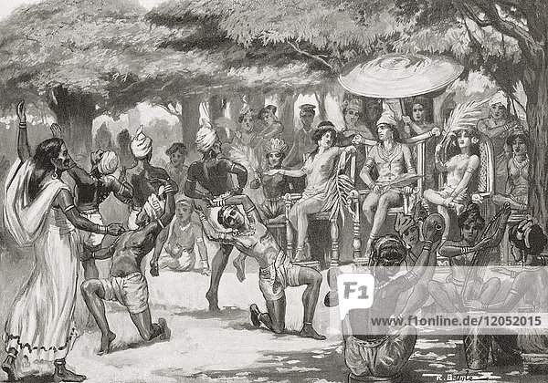 Chandragupta Maurya unterhält seine Braut aus Babylon. 305 v. Chr. griff Seleukos I. Nikator  ein mazedonischer General Alexanders des Großen  Indien an  wurde aber von Chandragupta besiegt und musste mit ihm Frieden schließen  der das Geschenk einer Tochter als Ehefrau für seinen Rivalen beinhaltete  die schließlich 303 v. Chr. in Pataliputra (dem heutigen Patna) eintraf. Chandragupta Maurya  Regierungszeit: 321-298 v. Chr.  auch bekannt als Chandragupta oder Chandra Gupta. Begründer des Maurya-Reiches im alten Indien. Aus Hutchinson's History of the Nations  veröffentlicht 1915.