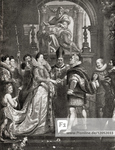 Die stellvertretende Hochzeit von Marie de' Medici mit König Heinrich IV  nach einem Gemälde von Peter Paul Rubens. Marie de' Medici  1575 - 1642. Königin von Frankreich als zweite Ehefrau von König Heinrich IV. von Frankreich. Aus Hutchinson's History of the Nations  veröffentlicht 1915.