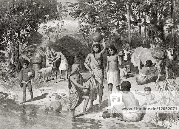 Eine indoarische Siedlung im alten Indien. Aus Hutchinson's History of the Nations  veröffentlicht 1915.
