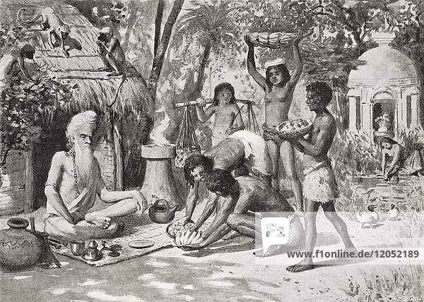 A hermit in ancient India seen here being brought food by the younger generation. From Hutchinson's History of the Nations published 1915.