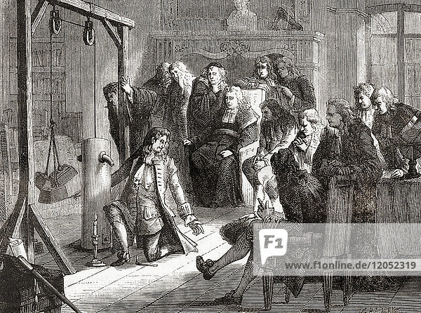 Denis Papin demonstrates the principle of the combustion and explosion engine displacing a piston by heating a metal cylinder emptied of air filled with gunpowder. Denis Papin 1647 – c. 1713. French physicist mathematician and inventor. From Les Merveilles de la Science published 1870.