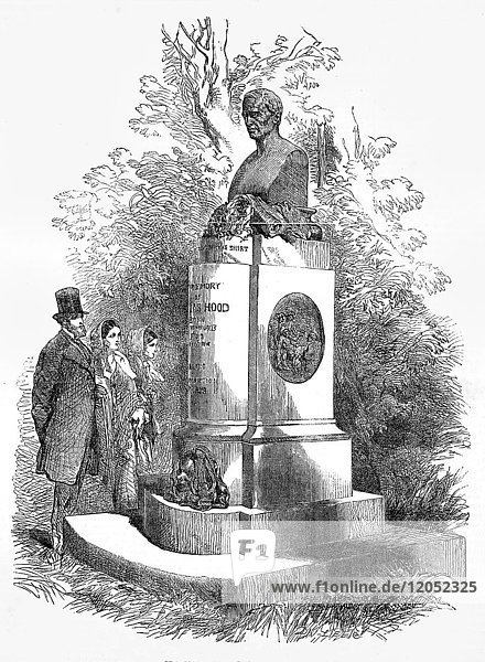 Illustration aus den Londoner Nachrichten von 1854  die Menschen zeigt  die vor der Statue und dem Denkmal für Captain Alexander Hood  einem Offizier der Royal Navy  stehen