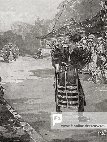 Li Yuan winning his wife at a shooting contest the target was painted to resemble a peacock and both its eyes were put out by his arrows. Emperor Gaozu of Tang 566 – 635 born Li Yuan courtesy name Shude. Founder of the Tang Dynasty of China and the first emperor of this dynasty from 618 to 626. From Hutchinson's History of the Nations published 1915.