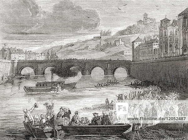 The first demonstration on the river Saône in France of the early experimental steamship Pyroscaphe  built by Marquis de Jouffroy d'Abban  15 July 1783. Claude-François-Dorothée  marquis de Jouffroy d'Abbans  1751 – 1832. Naval architect  engineer  industrialist and French Freemason. From Les Merveilles de la Science  published 1870.
