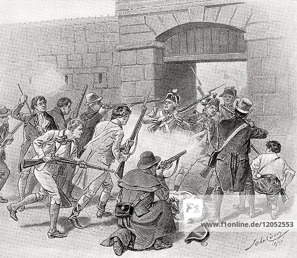 Die Steel Boys oder Hearts of Steel stürmen 1770 die Kaserne in Belfast  Irland  um einen Gefangenen zu befreien. Die Hearts of Steel waren eine ausschließlich protestantische Bewegung  die in der irischen Grafschaft Antrim aufgrund von Beschwerden über den starken Anstieg der Mieten und Zwangsräumungen entstand. Aus Hutchinson's History of the Nations  veröffentlicht 1915.