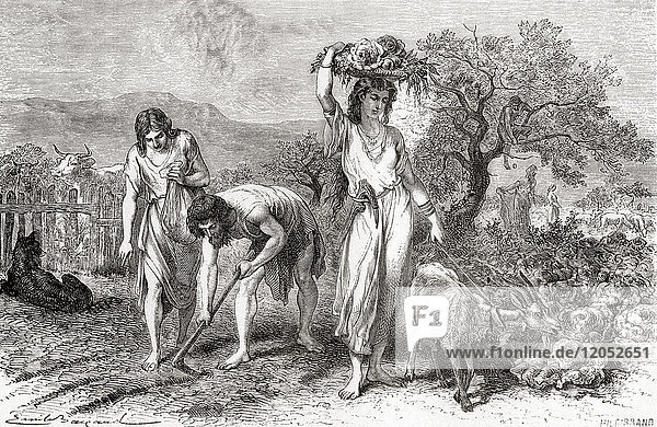 Männer und Frauen bei der Gartenarbeit in der Bronzezeit. Aus L'Homme Primitif  veröffentlicht 1870.