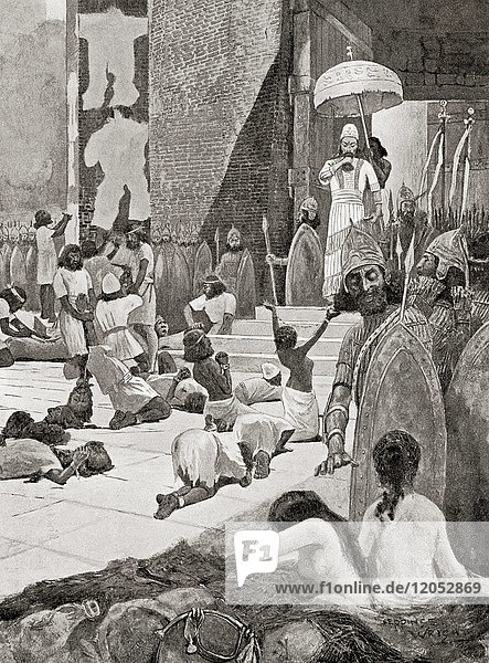 Ashur-nasir-pal II. mit seinen Kriegsgefangenen. Er war einer der barbarischsten assyrischen Könige und behandelte seine Gefangenen mit einer Grausamkeit  die ihresgleichen sucht: Er schnitt ihnen Köpfe  Ohren  Nasen  Lippen  Hände und Füße ab. Ashur-nasir-pal II  König von Assyrien  883 - 859 v. Chr. Aus Hutchinson's History of the Nations  veröffentlicht 1915.