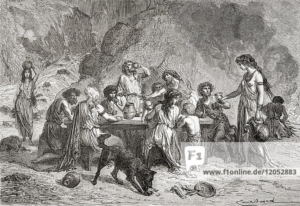Männer und Frauen beim Essen und Trinken in der Bronzezeit. Aus L'Homme Primitif  veröffentlicht 1870.
