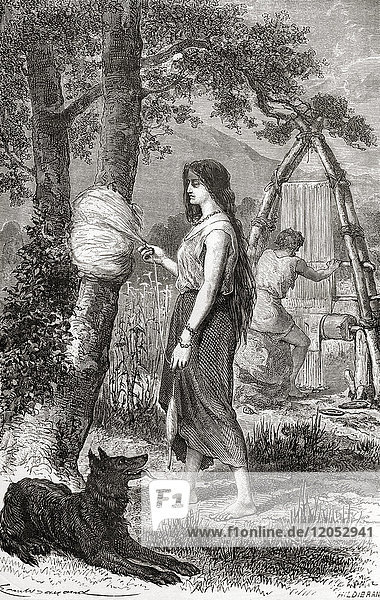 Eine Frau beim Weben in der Bronzezeit. Aus L'Homme Primitif  veröffentlicht 1870.