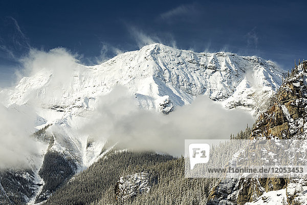 Schneebedeckter Berg mit Nebel und schneebedeckten Bäumen mit blauem Himmel; Alberta  Kanada