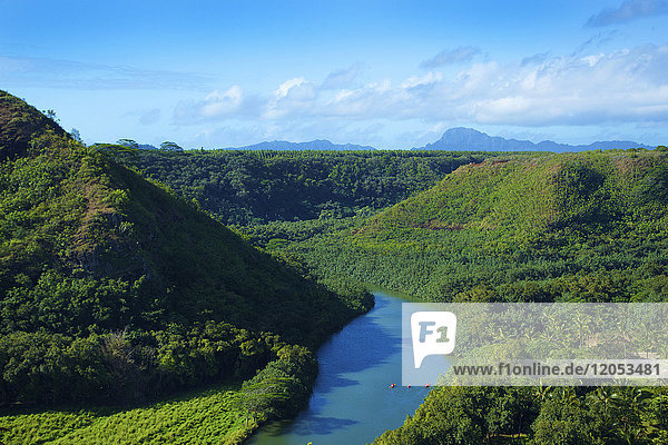 Landschaft mit dichtem  üppigem Laub und dem ruhigen  blauen Wasser des Wailua River; Wailua  Kauai  Hawaii  Vereinigte Staaten von Amerika