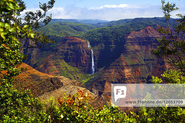 Waimea Canyon Falls und üppiges Laub auf zerklüfteten Klippen und Bergen; Waimea  Kauai  Hawaii  Vereinigte Staaten von Amerika