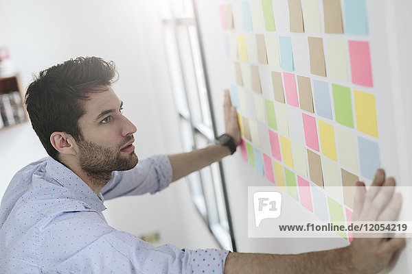 Young businessman working in office with sticky notes on wall
