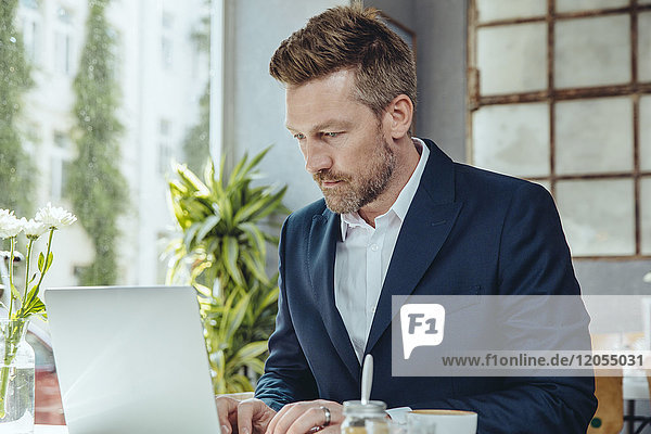 Businessman working in cafe with laptop