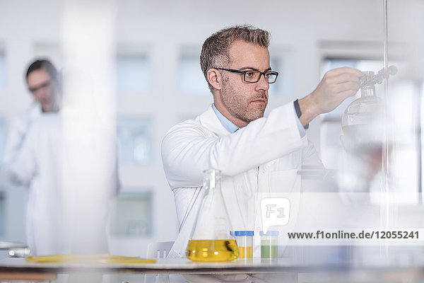 Wissenschaftler im Labor beim Einspannen des Kolbens in die Klemme