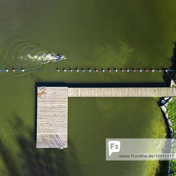 Aerial view of man swimming in a lake
