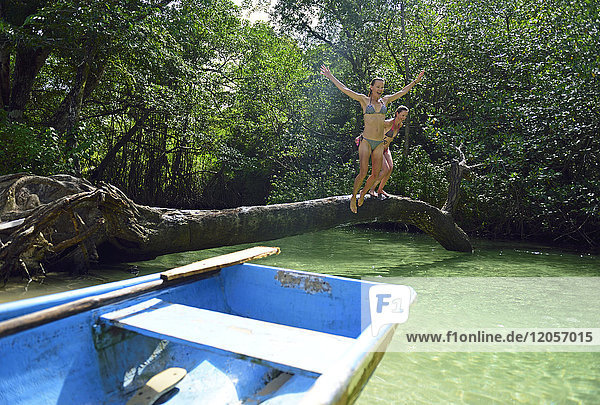 Dominican Republic  Samana  two women jumping into water in a mangrove lagoon