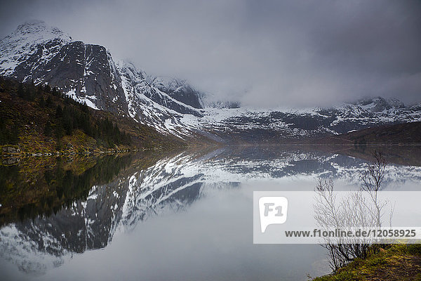 Spiegelung von verschneiten  zerklüfteten Bergen im Wasser  Storvatnet  Lofoten  Norwegen
